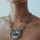 Close-up of a person wearing a silver chain necklace with a large pendant.
